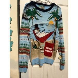 Ugly Christmas Sweater Womens M Blue Tropical Snowman Hammock Warm Wishes